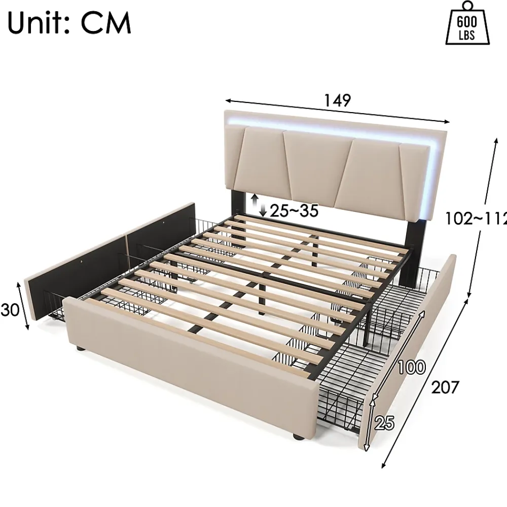 Generique Lit Double 140x200 cm avec LED et Tiroirs - Lit Capitonné avec Tête Réglable et Rangement - en Lin Beige, Sans Matelas* Lit Double