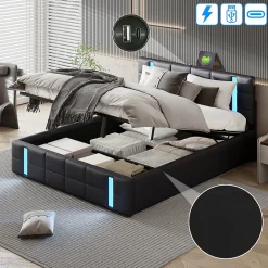 Lit double 140x200 cm avec LED, USB, tête de lit, sommier à lattes, PU noir, fonction de charge>Generique Online