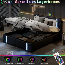 Lit double 140x200 cm avec LED, USB, tête de lit, sommier à lattes, PU noir, fonction de charge><noscript><img width=