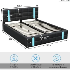 Lit double 140x200 cm avec LED, USB, tête de lit, sommier à lattes, PU noir, fonction de charge><noscript><img width=