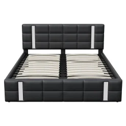 Lit double 140x200 cm avec LED, USB, tête de lit, sommier à lattes, PU noir, fonction de charge><noscript><img width=