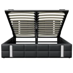 Lit double 140x200 cm avec LED, USB, tête de lit, sommier à lattes, PU noir, fonction de charge><noscript><img width=