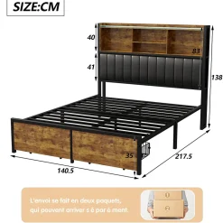 Lit double 140x200 cm avec LED, cadre métal, 2 tiroirs, tête avec rangement, sommier lattes><noscript><img width=