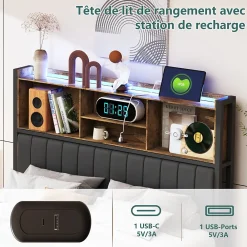 Lit double 140x200 cm avec LED, cadre métal, 2 tiroirs, tête avec rangement, sommier lattes><noscript><img width=