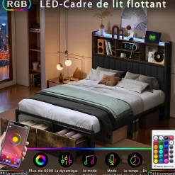 Fortuna lai Lit double 160x200 cm avec LED, cadre métal, 2 tiroirs, tête avec rangement, sommier lattes* Lit Coffre