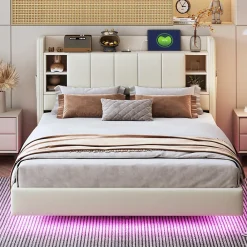 Okwish Lit Double 140x200 cm avec Ports USB, Éclairage LED et Rangement Intégré - Tête de Lit Réversible - Lin Beige* Lit Double