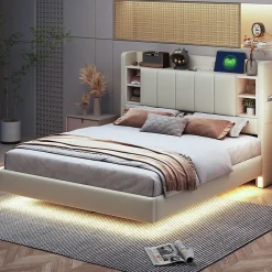 Okwish Lit Double 140x200 cm avec Ports USB, Éclairage LED et Rangement Intégré - Tête de Lit Réversible - Lin Beige* Lit Double