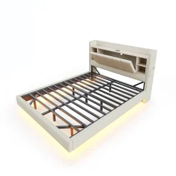Okwish Lit Double 140x200 cm avec Ports USB, Éclairage LED et Rangement Intégré - Tête de Lit Réversible - Lin Beige* Lit Double