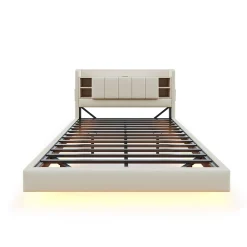 Okwish Lit Double 140x200 cm avec Ports USB, Éclairage LED et Rangement Intégré - Tête de Lit Réversible - Lin Beige* Lit Double