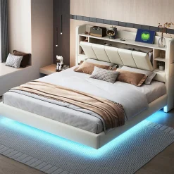 Lit Double 160x200 cm avec Ports USB, Éclairage LED et Rangement Intégré - Tête de Lit Réversible - Lin Beige, Sans Matelas>Okwish New