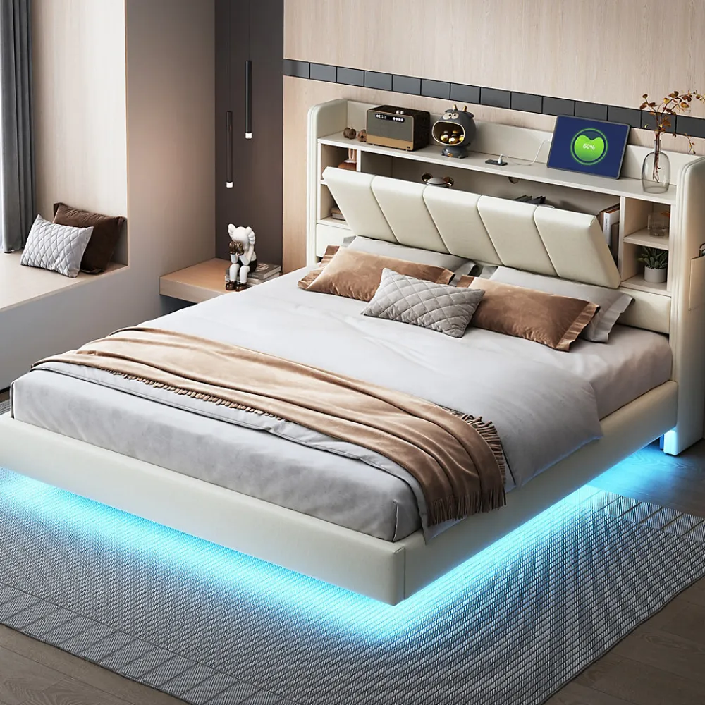 Lit Double 160x200 cm avec Ports USB, Éclairage LED et Rangement Intégré - Tête de Lit Réversible - Lin Beige, Sans Matelas>Okwish New