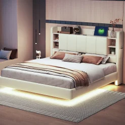 Lit Double 160x200 cm avec Ports USB, Éclairage LED et Rangement Intégré - Tête de Lit Réversible - Lin Beige, Sans Matelas>Okwish New
