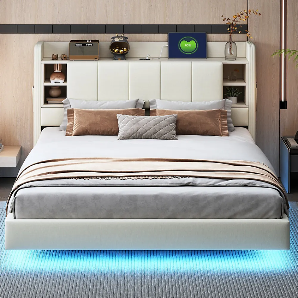 Lit Double 160x200 cm avec Ports USB, Éclairage LED et Rangement Intégré - Tête de Lit Réversible - Lin Beige, Sans Matelas>Okwish New