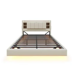 Lit Double 160x200 cm avec Ports USB, Éclairage LED et Rangement Intégré - Tête de Lit Réversible - Lin Beige, Sans Matelas><noscript><img width=