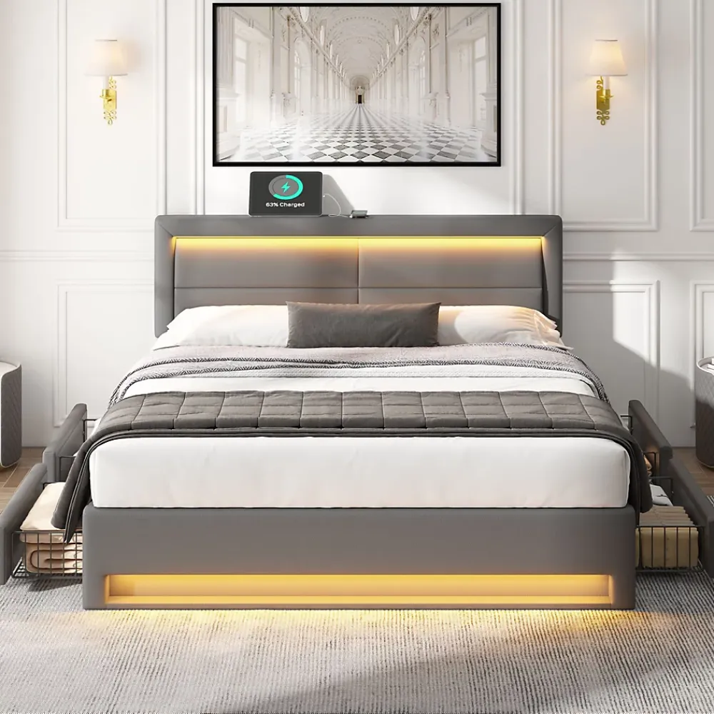 Generique Lit double 140x200 cm avec Rangement - Lit Capitonné PU avec USB et Chargeur Sans Fil Intégré, Éclairage LED - Gris - Sans Matelas* Lit Double