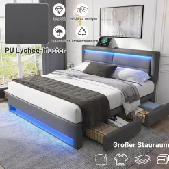 Generique Lit double 140x200 cm avec Rangement - Lit Capitonné PU avec USB et Chargeur Sans Fil Intégré, Éclairage LED - Gris - Sans Matelas* Lit Double