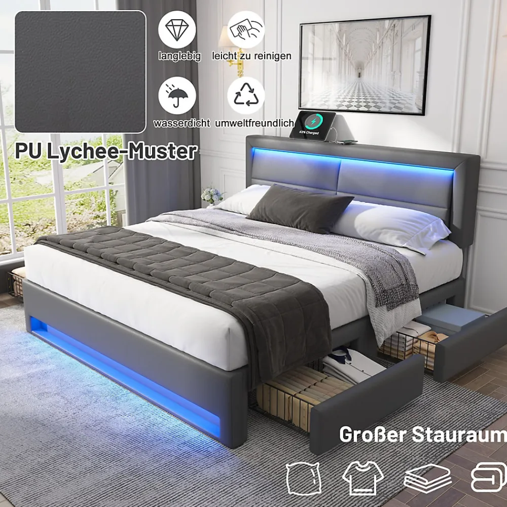 Generique Lit double 140x200 cm avec Rangement - Lit Capitonné PU avec USB et Chargeur Sans Fil Intégré, Éclairage LED - Gris - Sans Matelas* Lit Double