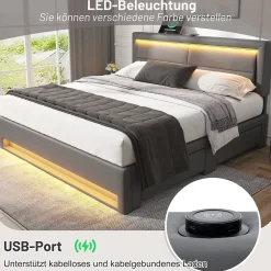 Generique Lit double 140x200 cm avec Rangement - Lit Capitonné PU avec USB et Chargeur Sans Fil Intégré, Éclairage LED - Gris - Sans Matelas* Lit Double