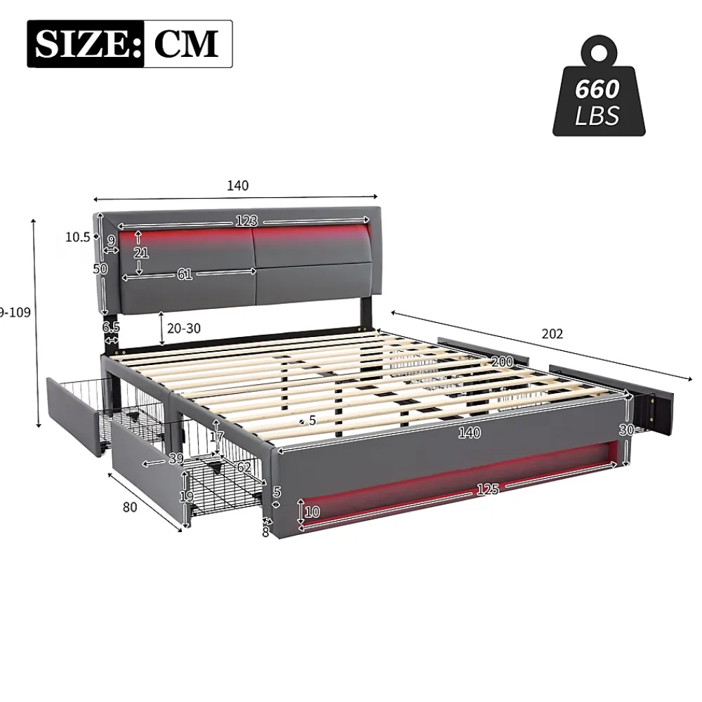 Generique Lit double 140x200 cm avec Rangement - Lit Capitonné PU avec USB et Chargeur Sans Fil Intégré, Éclairage LED - Gris - Sans Matelas* Lit Double