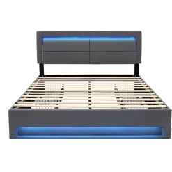 Generique Lit double 140x200 cm avec Rangement - Lit Capitonné PU avec USB et Chargeur Sans Fil Intégré, Éclairage LED - Gris - Sans Matelas* Lit Double