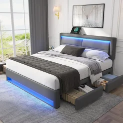 Generique Lit double 140x200 cm avec Rangement - Lit Capitonné PU avec USB et Chargeur Sans Fil Intégré, Éclairage LED - Gris - Sans Matelas* Lit Double