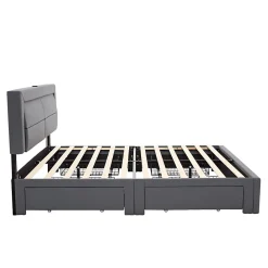 Generique Lit double 140x200 cm avec Rangement - Lit Capitonné PU avec USB et Chargeur Sans Fil Intégré, Éclairage LED - Gris - Sans Matelas* Lit Double