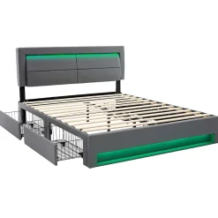 Generique Lit double 140x200 cm avec Rangement - Lit Capitonné PU avec USB et Chargeur Sans Fil Intégré, Éclairage LED - Gris - Sans Matelas* Lit Double