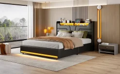 Simple Life Lit Double 140x200 Cm Avec Rangement Et Port De Charge, Éclairage Par Bande Lumineuse, Noir* Lit Coffre