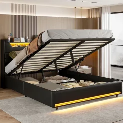 Simple Life Lit Double 140x200 Cm Avec Rangement Et Port De Charge, Éclairage Par Bande Lumineuse, Noir* Lit Coffre