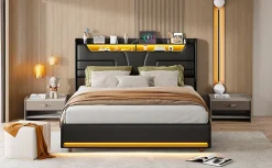 Simple Life Lit Double 140x200 Cm Avec Rangement Et Port De Charge, Éclairage Par Bande Lumineuse, Noir* Lit Coffre