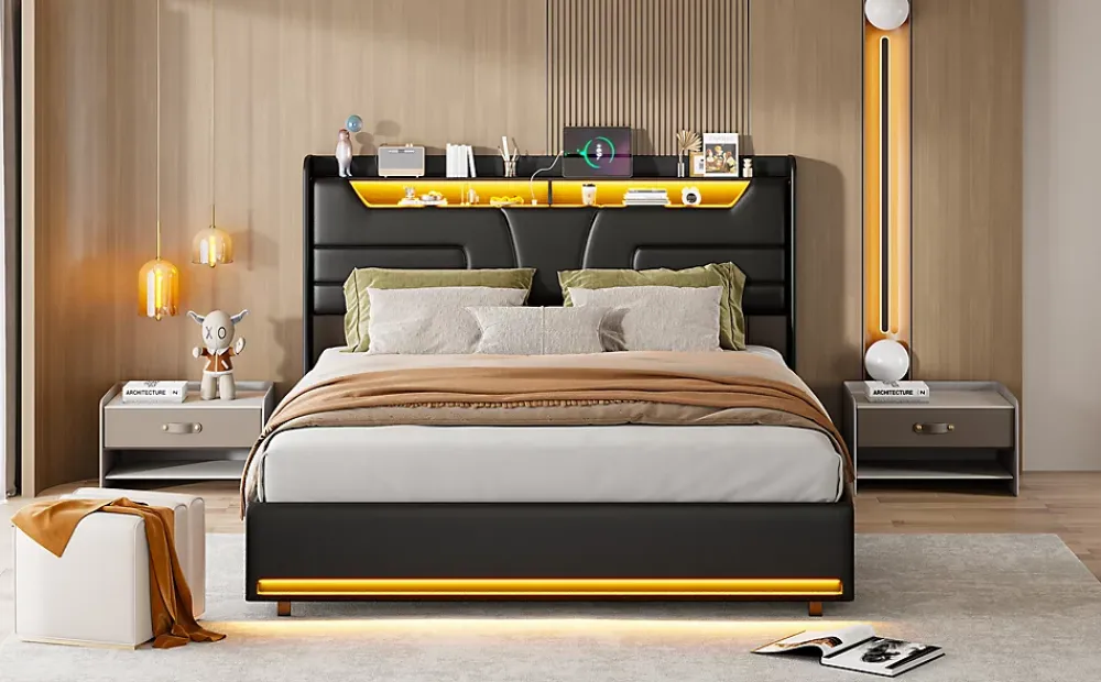 Simple Life Lit Double 140x200 Cm Avec Rangement Et Port De Charge, Éclairage Par Bande Lumineuse, Noir* Lit Coffre