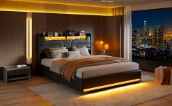 Lit Double 140x200 Cm Avec Rangement Et Port De Charge, Éclairage Par Bande Lumineuse, Noir>Simple Life Clearance