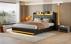 Lit Double 140x200 Cm Avec Rangement Et Port De Charge, Éclairage Par Bande Lumineuse, Noir><noscript><img width=