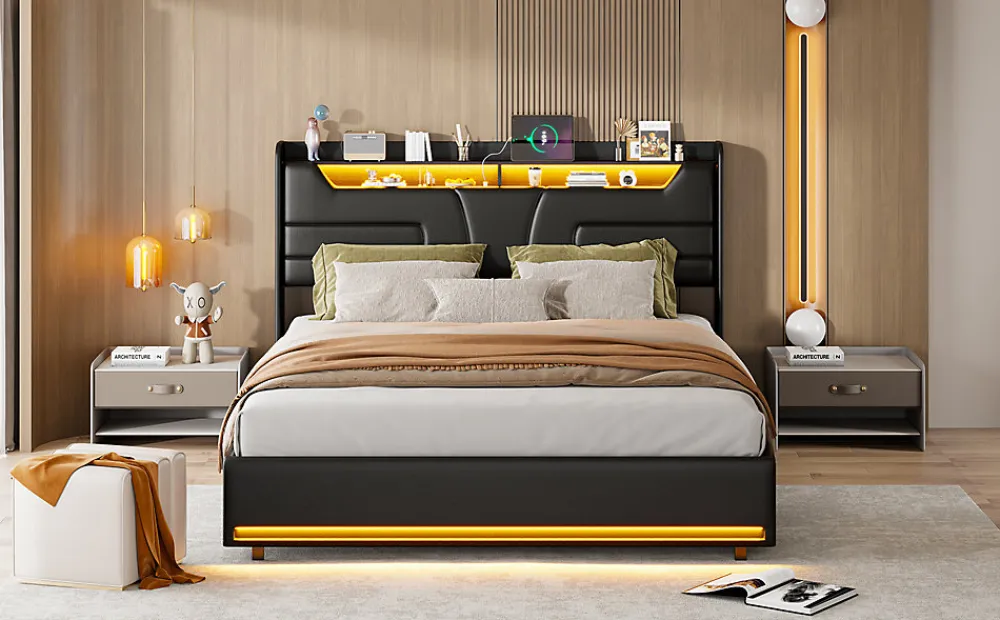 Lit Double 140x200 Cm Avec Rangement Et Port De Charge, Éclairage Par Bande Lumineuse, Noir>Simple Life Clearance