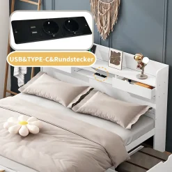 Okwish Lit double 140x200 cm avec tiroirs, armoire latérale et port USB, structure pin et contreplaqué blanc, sans matelas* Lit Avec Rangement