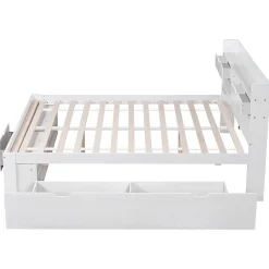 Okwish Lit double 140x200 cm avec tiroirs, armoire latérale et port USB, structure pin et contreplaqué blanc, sans matelas* Lit Avec Rangement