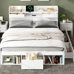 Okwish Lit double 140x200 cm avec tiroirs, armoire latérale et port USB, structure pin et contreplaqué blanc, sans matelas* Lit Avec Rangement