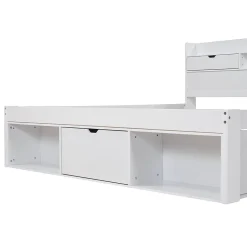 Okwish Lit double 140x200 cm avec tiroirs, armoire latérale et port USB, structure pin et contreplaqué blanc, sans matelas* Lit Avec Rangement