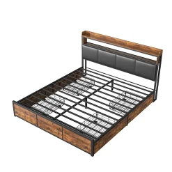 Generique Lit double 140x200 cm avec tiroirs, LED, tête de lit avec rangement, cadre en métal, noir mat* Lit Double