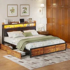 Generique Lit double 140x200 cm avec tiroirs, LED, tête de lit avec rangement, cadre en métal, noir mat* Lit Double