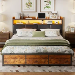 Generique Lit double 140x200 cm avec tiroirs, LED, tête de lit avec rangement, cadre en métal, noir mat* Lit Double