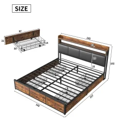 Generique Lit double 140x200 cm avec tiroirs, LED, tête de lit avec rangement, cadre en métal, noir mat* Lit Double