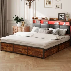 Generique Lit double 140x200 cm avec tiroirs, LED, tête de lit avec rangement, cadre en métal, noir mat* Lit Double