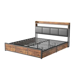 Generique Lit double 140x200 cm avec tiroirs, LED, tête de lit avec rangement, cadre en métal, noir mat* Lit Double