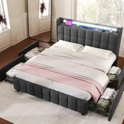 Generique Lit double 160x200 cm avec tête de lit LED, ports USB, 4 tiroirs et sommier à lattes en bois, gris* Lit Double
