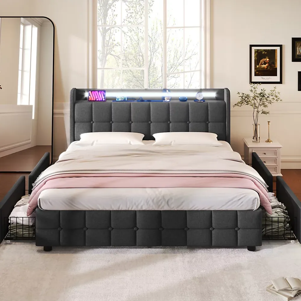 Generique Lit double 160x200 cm avec tête de lit LED, ports USB, 4 tiroirs et sommier à lattes en bois, gris* Lit Double
