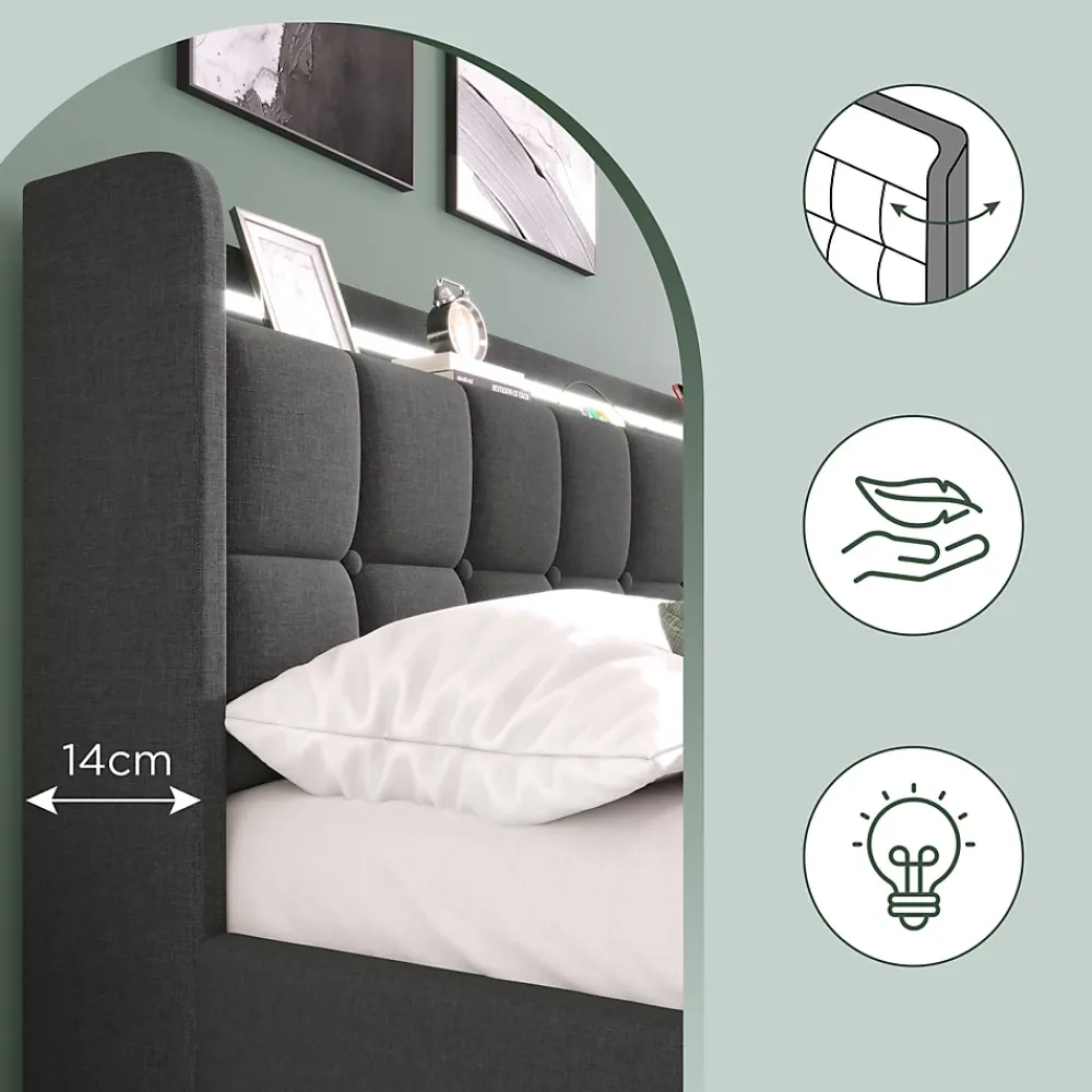 Generique Lit double 160x200 cm avec tête de lit LED, ports USB, 4 tiroirs et sommier à lattes en bois, gris* Lit Double
