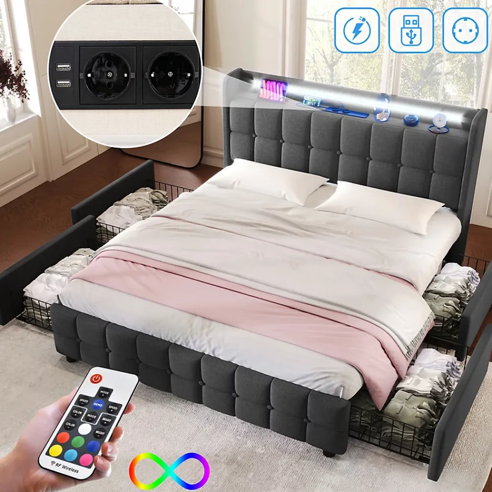 Generique Lit double 160x200 cm avec tête de lit LED, ports USB, 4 tiroirs et sommier à lattes en bois, gris* Lit Double