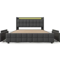Generique Lit double 160x200 cm avec tête de lit LED, ports USB, 4 tiroirs et sommier à lattes en bois, gris* Lit Double