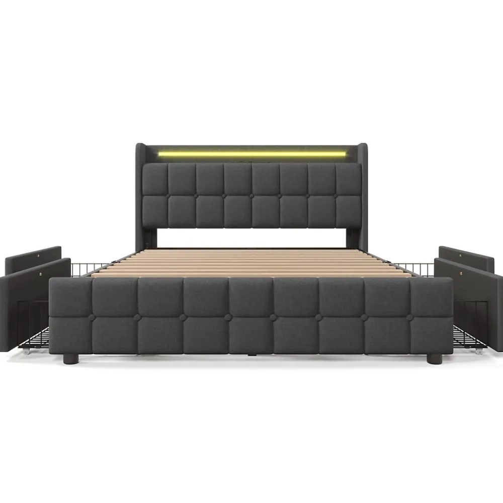 Generique Lit double 160x200 cm avec tête de lit LED, ports USB, 4 tiroirs et sommier à lattes en bois, gris* Lit Double